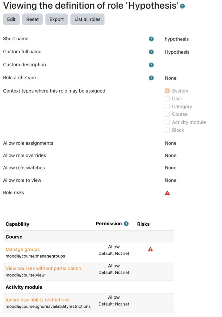Image showing the define role page in Moodle